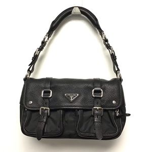 Prada Shoulder Bag in Black Nylon Canvas & Pebbled Leather Black EXCEL condition